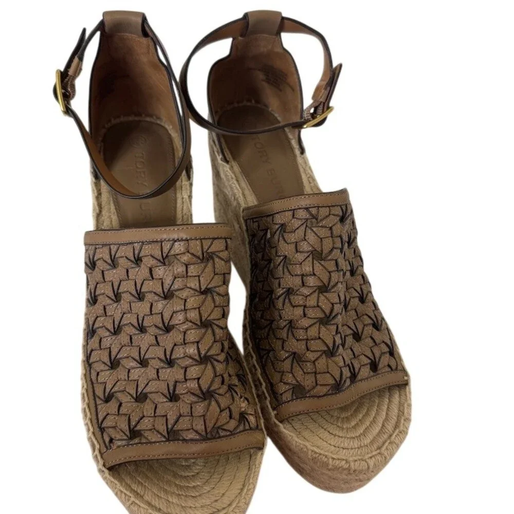 Tory Burch Womens Brown Woven Espadrille Platform Wedge Sandals Ankle Size 10